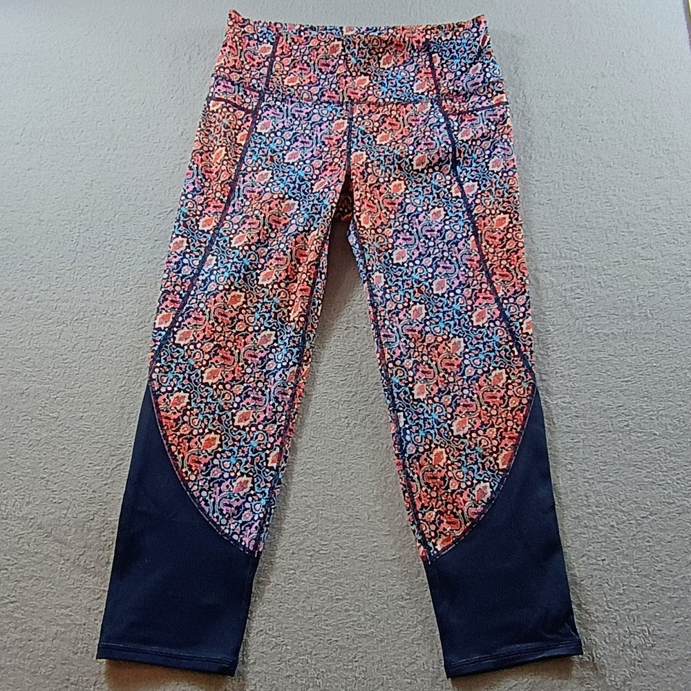 Athleta Women‎ Leggings Paisley Floral Navy Blue S Mesh Crop Workout